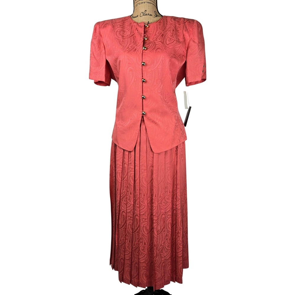 Vintage SHOMI 100% Silk Paisley Jacquard Skirt Set‎ Coral Pink Size 12 NWT
